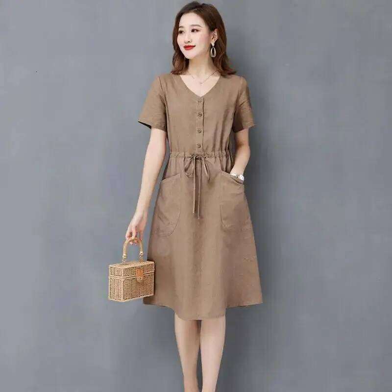 Women's Clothing Korean Elegant Loose Simplicity Intellectual Fashion Round Neck Casual Short Sleeve Pockets Drawstring Dresses XJ260225