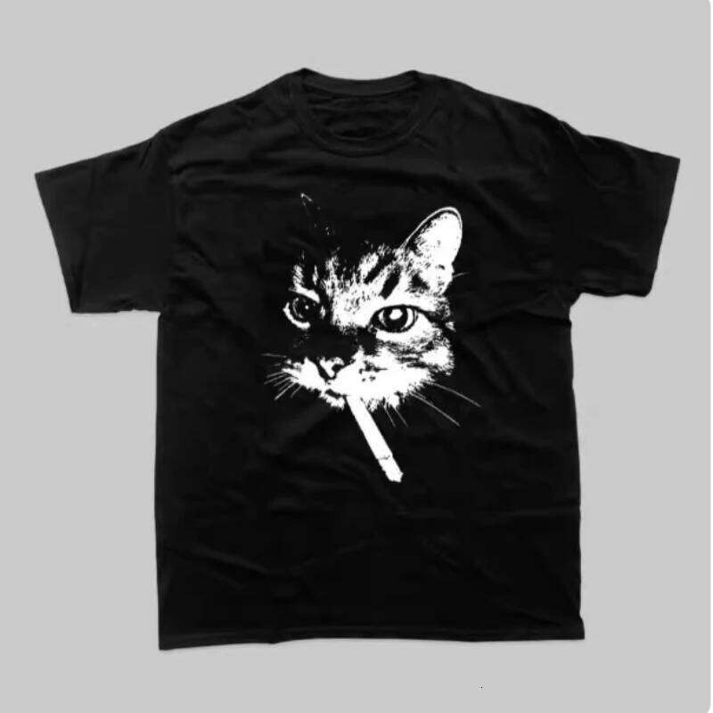 New High-quality American Street Smoking Cat Retro Trendy Personalized Printed T-shirt Men's Windshield Loose Short Sleeves C260225