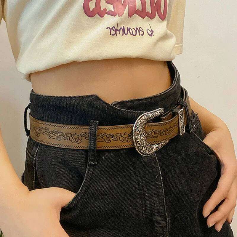 Y2K Pattern Print Western PU Leather for Women Designer Brand Metal Buckle Pin Waist Belt Girls Hip Hop Fashion Waistband Y260225