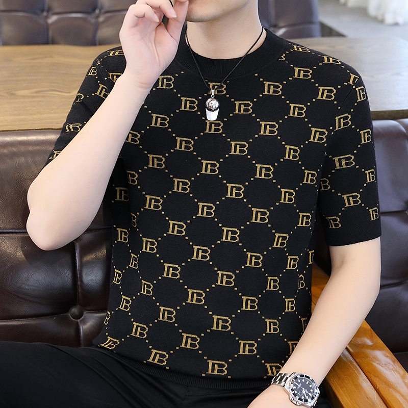 Luxury Luxury Designer Clothes Mens Short-Sleeved Knit Sweater Spring And Autumn Trendy Slim-Fit Round-Neck Half-Sleeve Base Shirt Casual Versatile Wa
