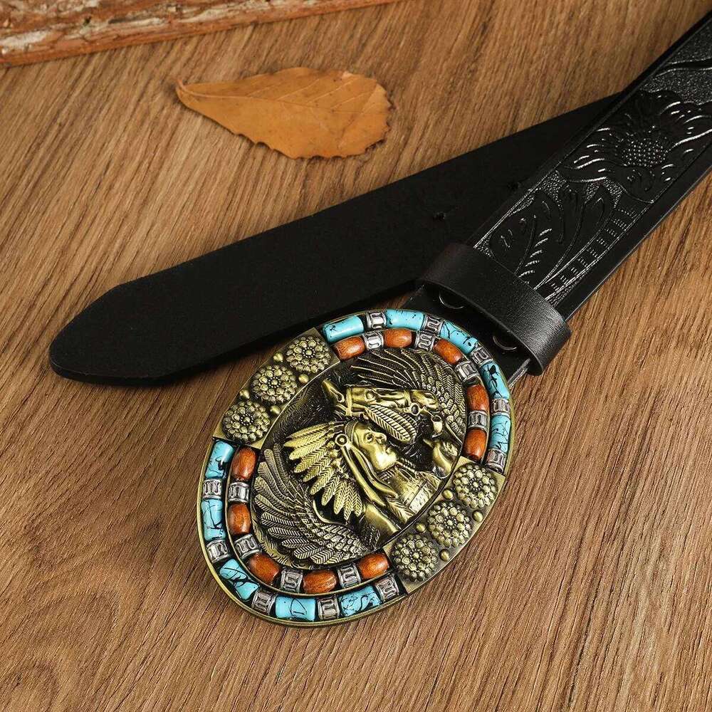 Bohemian turquoise vintage carved alloy plate buckle men's personalized belt; ethnic style versatile waist belt suitable f Y260225