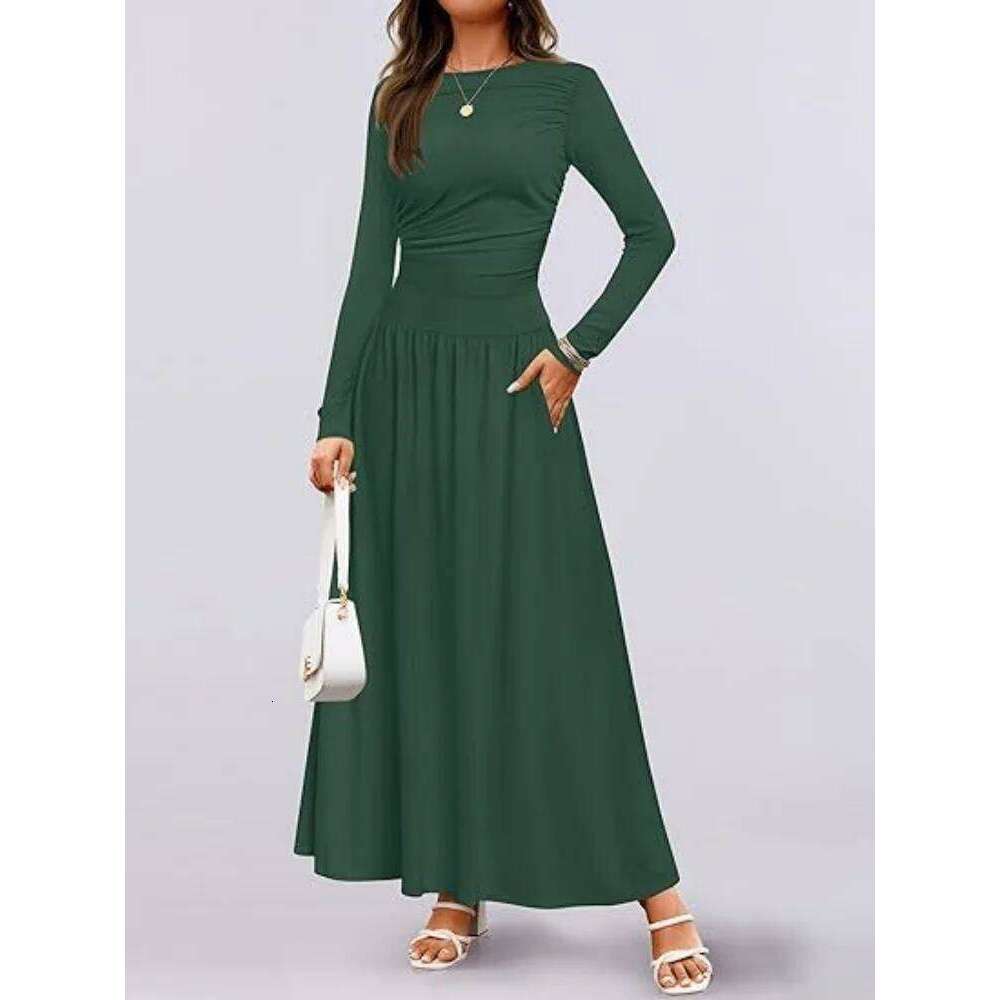 Autumn New Arrivals Women Long Sleeve Maxi Dress Comfortable Fit Ruched Detail Multi Color for Casual Everyday Wear XJ260225