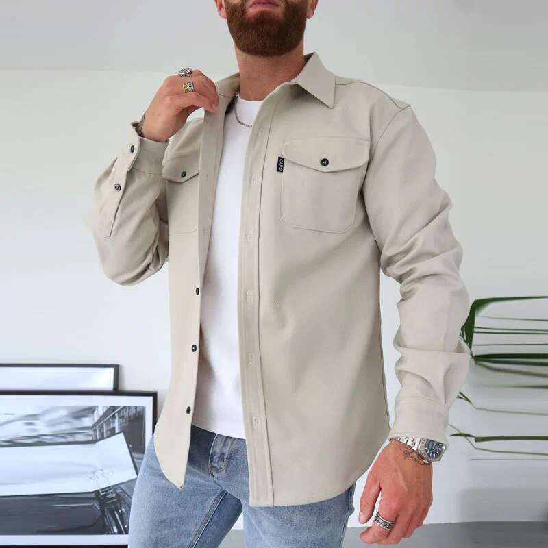 Men's casual shirt jacket autumn and winter long sleeved lapel top men's single breasted solid color pocket jacket