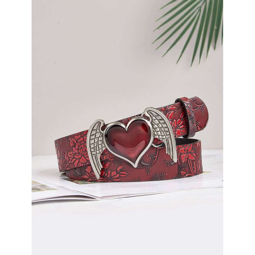 women's light luxury vintage metal angel gem heart-shaped buckle burgundy flower pattern belt, a versatile decorative belt for Y260225