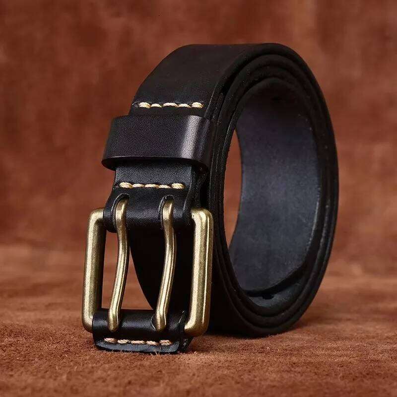 3.8cm Wide Retro Men's Cowhide Real Genuine Leather Copper Double Needle Buckle Handmade Jeans Belt Fashion Male Strap Y260225