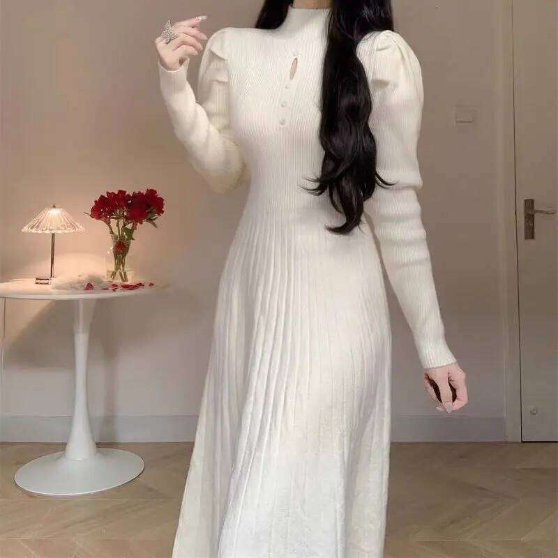 Solid Half High Collar Long Sleeve Jersey Dress Elegant Fashion Harajuku Slim Fit Female Clothes Casual Sweat All Match Dresses XJ260225