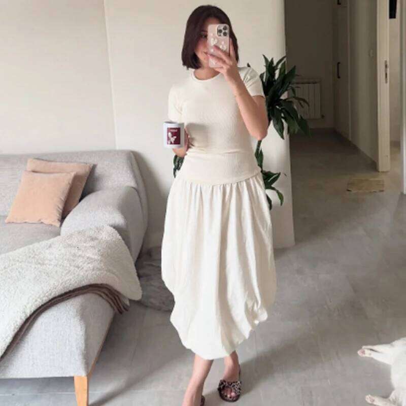 HXAO 2025 Womens Balloon Summer Elegant Evening Party Long Dresses Off White Patchwork Short Sleeve Dress Chic Vestidos XJ260225