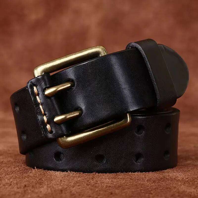 3.8cm Wide Retro Men's Cowhide Real Genuine Leather Copper Double Needle Buckle Handmade Jeans Belt Fashion Male Strap Y260225