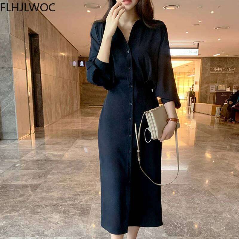 2024 Chic Korea Fashion Clothes Fenimine Vestidos Women Elegant Office Lady Vintage Single Breasted Button Solid Shirt Dress XJ260225