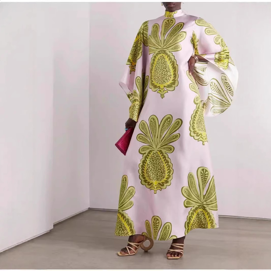 3D Print Spliced Maxi Dress Muslim Women Robes Vintage V Neck Flare Long Sleeve Summer Ladies Elegant Party Casual Dresses 240808