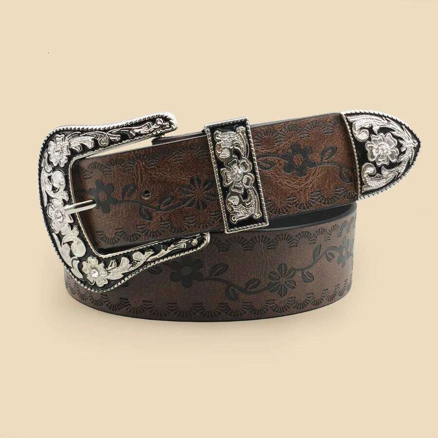 Vintage Carved Buckle for Women Men - Brown Textured Floral Print Western Style Fashion Versatile Waistband Belt Y260225