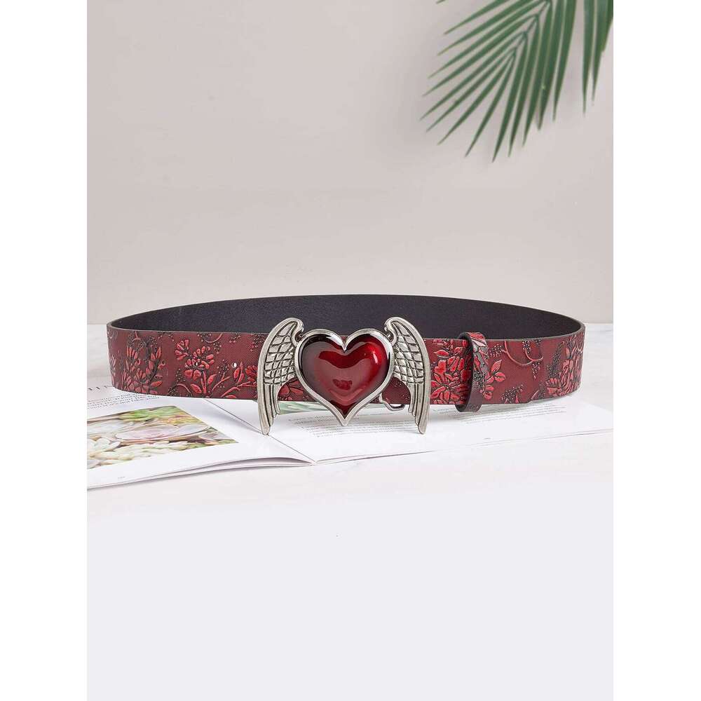 women's light luxury vintage metal angel gem heart-shaped buckle burgundy flower pattern belt, a versatile decorative belt for Y260225