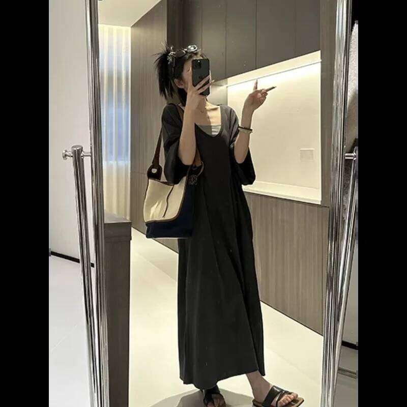 Lazy Style V-neck Patchwork Over-the-knee Loose Slimming T-shirt Dress XJ260225