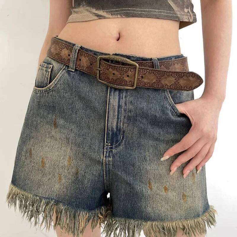 Y2K WOMEN'S New National Wind with Jeans Senior Sense of Brown Floral Embossed Belt Y260225