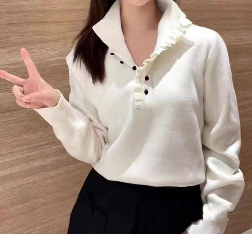 Fadan S Home 2026 Autumn Winter New White Ruffled High Neck Loose Long Sleeve Solid Color Knitted Pullover Top