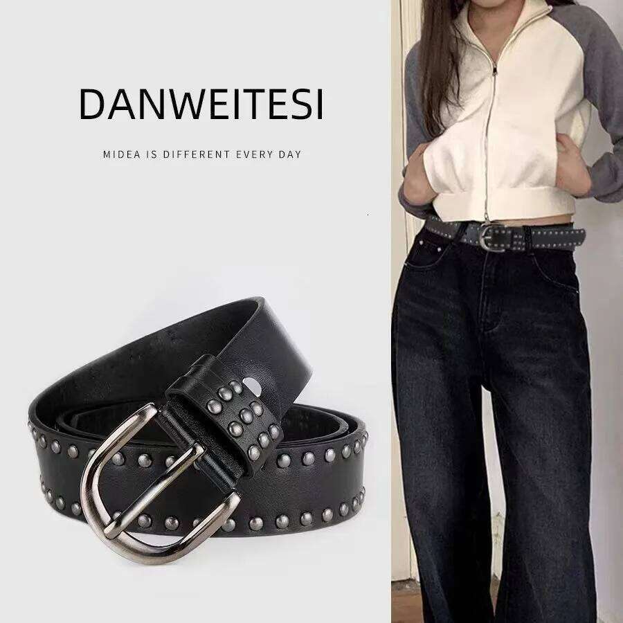 2026 New Women Women's Jeans Tie-in Ladies' Personality Rivet Belt Senior Black Fashion Y260225