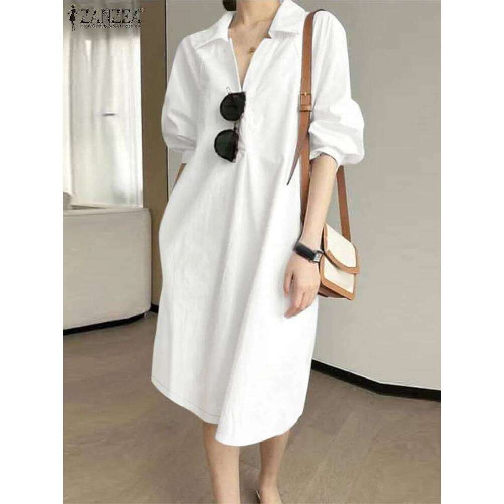 Autumn Spring Shirt Dress ZANZEA Fashion Women Lapel Neck Office Work Dresses Elegant 3/4 Sleeve Midi Sundress Holiday Vestidos XJ260225