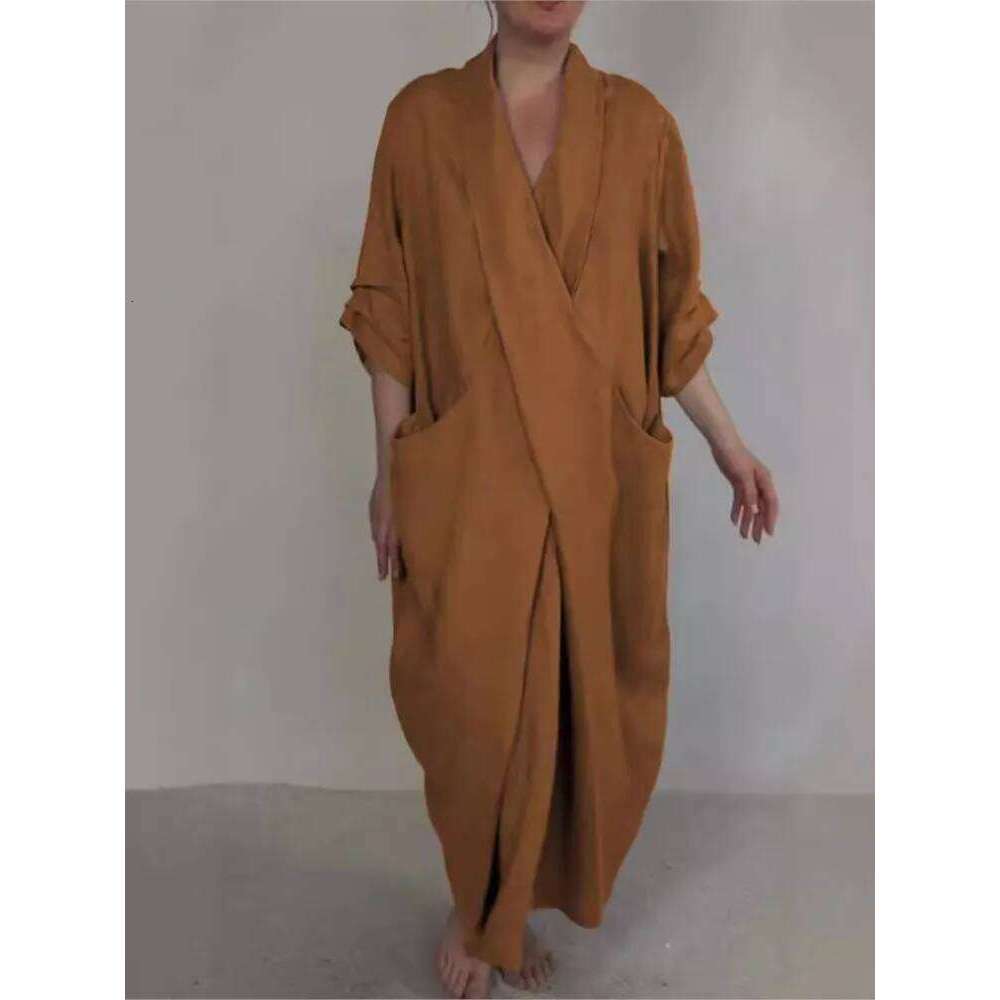 Casual Solid Loose Dress For Female Fashion V Neck Pullover Long Dresses Holiday Clothing Robe Spring Summer Vestidos Para Mujer XJ260225