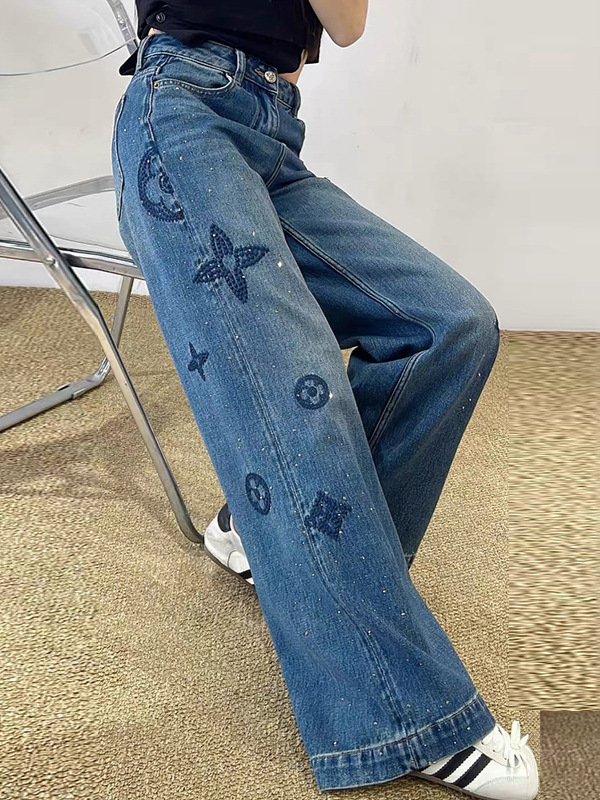 Women's Jeans Spring Autumn Rhinestone-Embellished Straight Leg Slim-Fit Versatile High-End Wide-Leg Jeans
