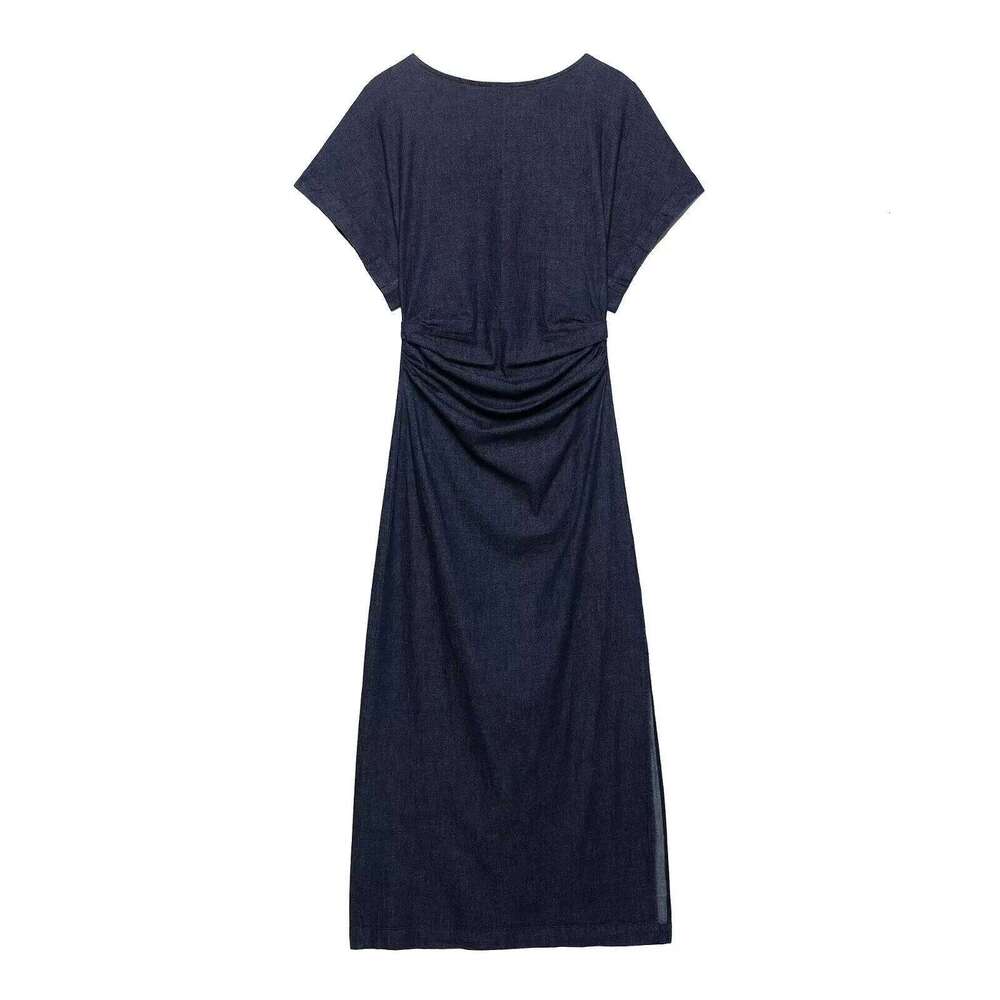 ETJ 2025 summer new women's elegant fashion pleats decorated short sleeve wide round neck slit hem denim dress XJ260225