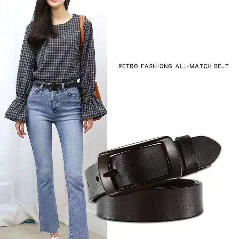Belt versatile cowhide jeans belt, vintage genuine leather blet simple needle buckle ins belt for women's Y260225
