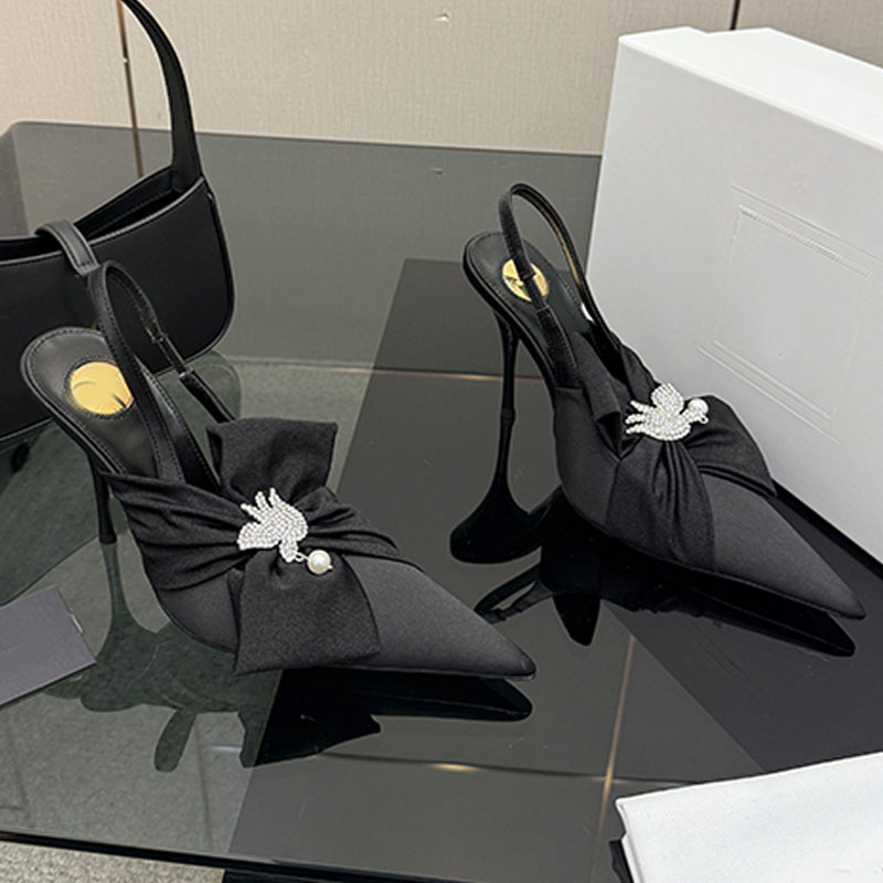 womens satin crepe rhinestones Stiletto Heels rhinestone dove pearl pendant Formal Events Ladies elegant high heeled sandals draped bow stiletto sandals