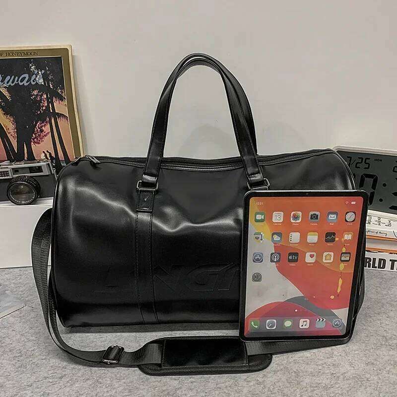 Minimalist Black PU Leather Travel Duffel for Men Water Resistant Gym Sports Shoulder Large Capacity Weekender Overnight Bag Y260225