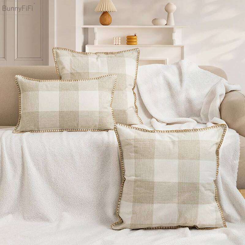 Plaid Cushion Cover for Sofa Faux Linen Black Green Orange Beige 45x45cm 30x50cm 50x50cm Decoration Pillow Case Living Room