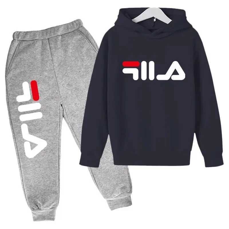 Hoodie Set for Kids, Bold Contrast Logo Print with Adjustable Drawstring, Warm Fleece Lined Pullover and Joggers for Daily & SportsT260225