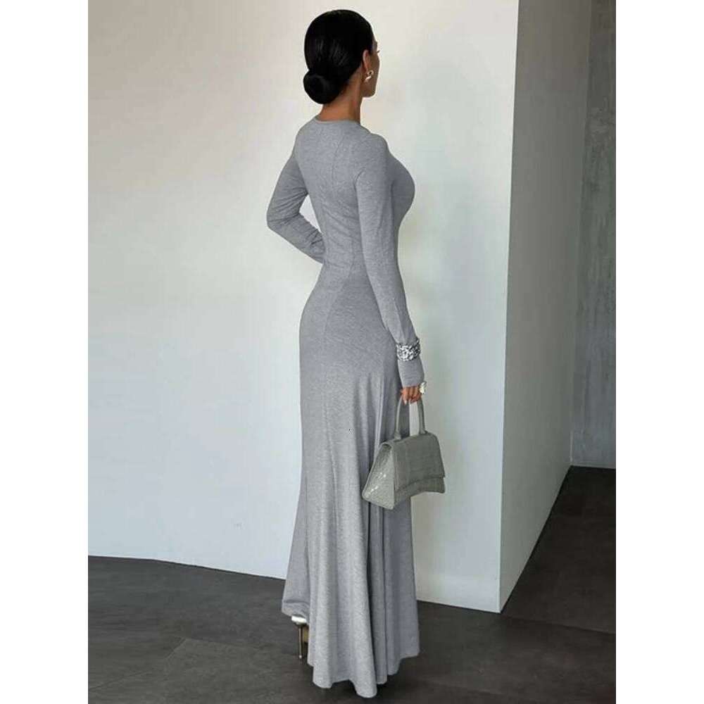 Elegant Retro Minimalist Round Neck Long Sleeve Dress Women High Waist Slim Fit Maxi A Line Skirt Vintage Chic Aesthetic Street XJ260225