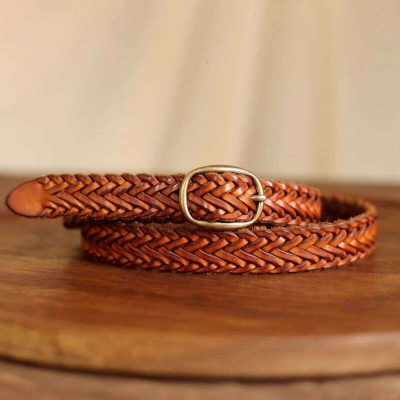 Retro Genuine Vegetable Tanned Leather Belt for Women with Pure Copper Button Hand-Woven Jeans Style Unisex Fashion Luxury Y260225