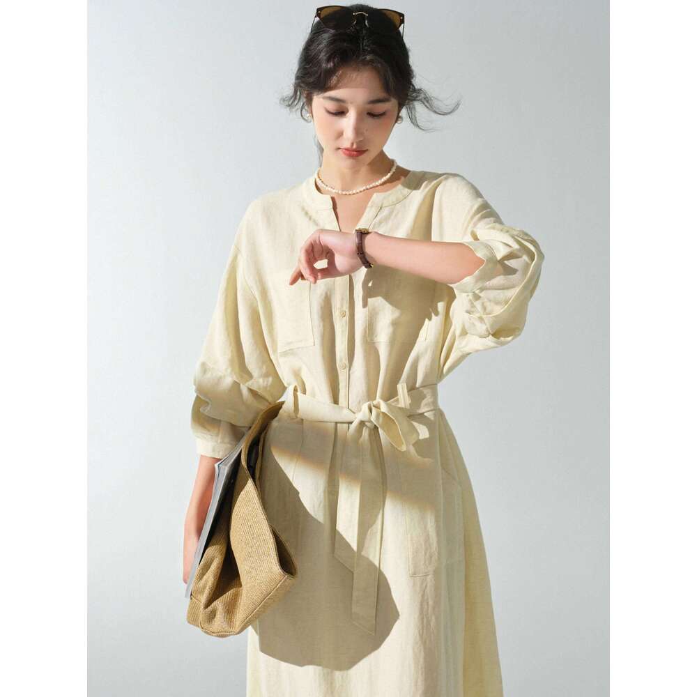 Women Elegant V Neck Shirt Lady Relaxed Tie Waist Midi Dress Casual Early Spring Long Sleeve Commuter Outfit Daily Wear XJ260225