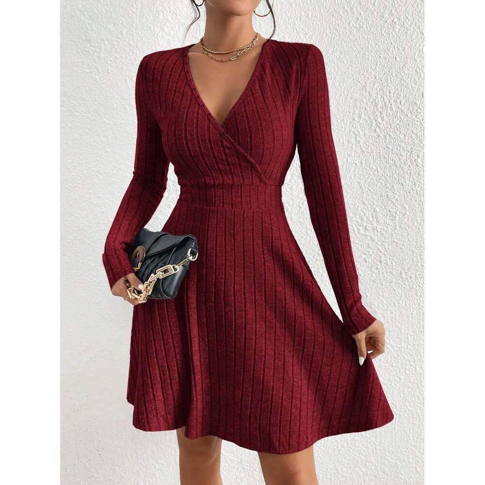 Ladies' autumn and winter sexy Bodycon sweater mini skirt Slim V-neck long-sleeved knitted dress XJ260225