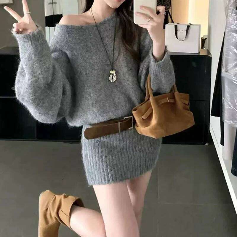 French Sexy Off Shoulder Women with Belt Irregular Long Sleeve Knitted Dress Autumn Fashion Waist Spicy Girl Dresses XJ260225