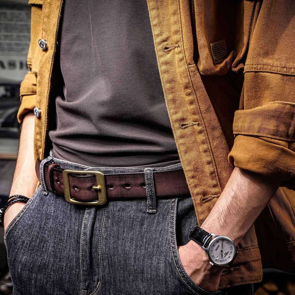 Vintage Genuine Leather Men's Belt Solid Brass Buckle, Handmade Casual Pin Buckle Thickened Italian Cowhide With Gift Box Y260225