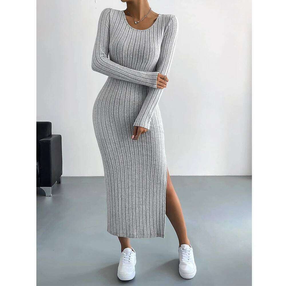 Women's Autumn French Plain Stripe Split Long Sleeve Scoop Neck Bodycon Full Length Maxi Casual Dresses XJ260225
