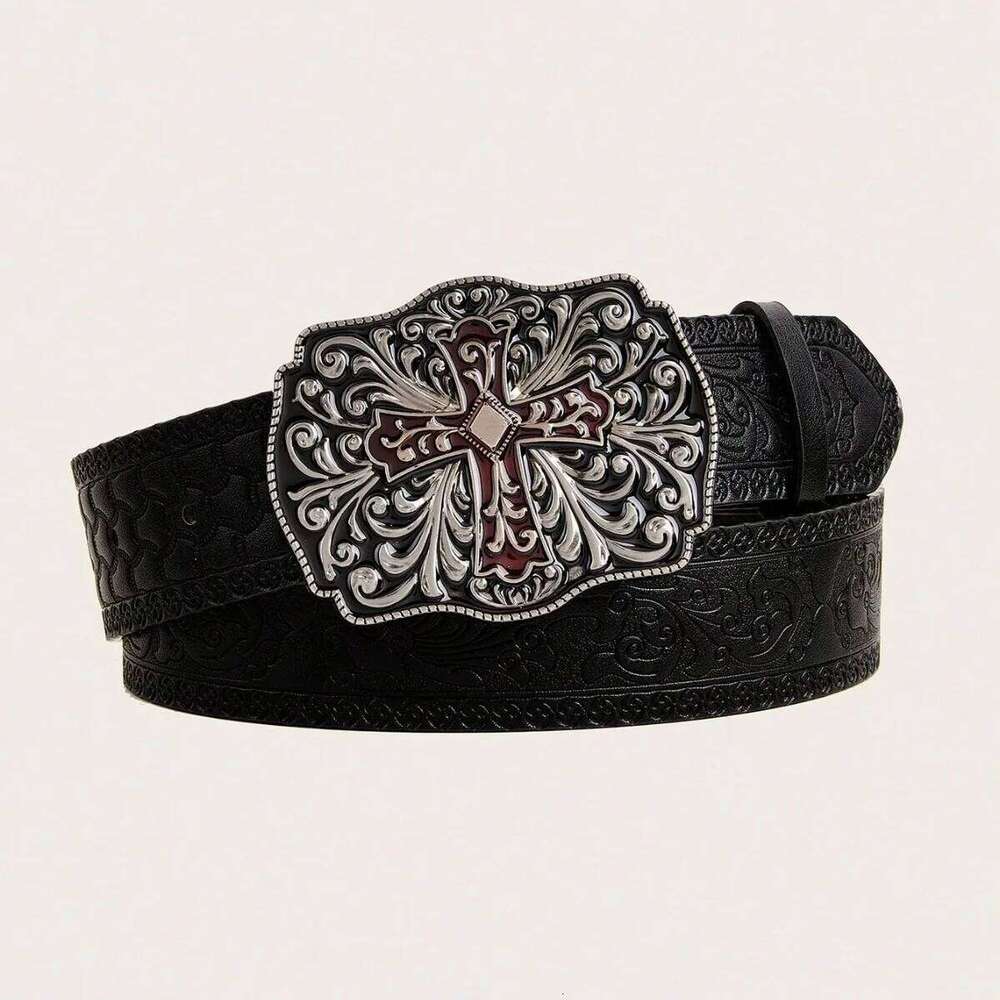 1pc Men's Y2k Punk Petal Cross Buckle Casual Black Belt, A Versatile Decorative Belt Jeans, Suitable for Daily Travel Y260225