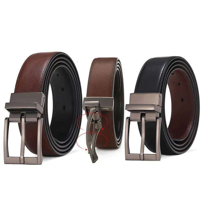 Business Luxury Brand Belts Men Metal Pin Leather Belt Reversible Buckle Brown Black Strap for Jeans and Pants HQ110 Y260225