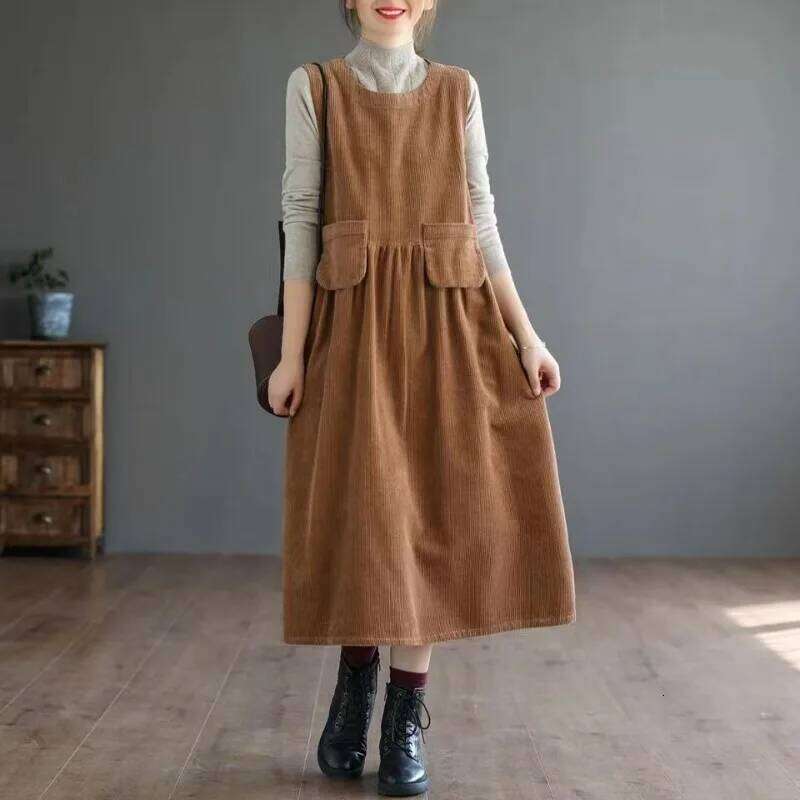 Clothes for Women Japanese Style Vintage Corduroy Streetwear Y2K Midi Dress Autumn Winter O Neck Solid Sleeveless Loose Dresses XJ260225
