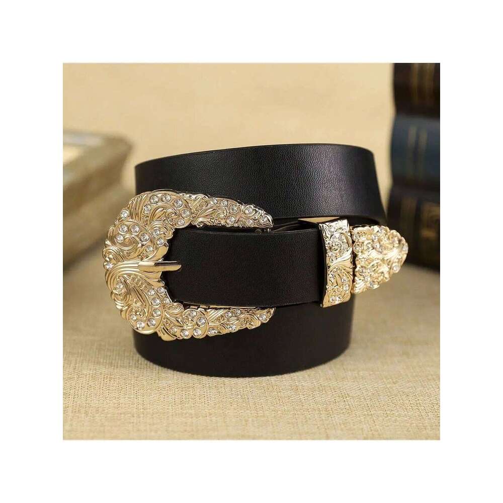 1 women's black gold alloy buckle belt, bohemian atmosphere, simple fashion wear, trendy clothing, suitable for daily use Y260225