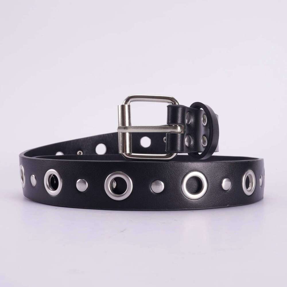 Unisex Black PU Leather Belt with Pin Buckle Eyelets - Punk Style, for Jeans & Casual Wear Y260225