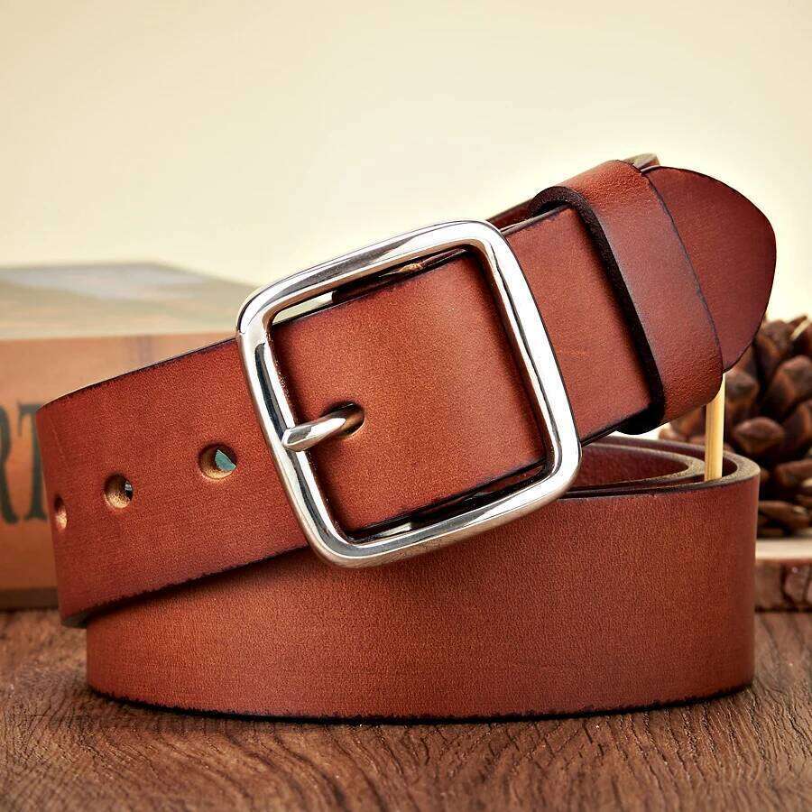 3.8CM Men Anti Allergy Stainless Steel Buckle Vintage Cowskin Thick Real Genuine Leather Male Cowhide Retro Jeans Belt Y260225