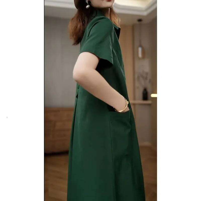Temperament Solid Color Simple Short-sleeved Polo Collar Loose Pocket Mid-length Versatile Dress XJ260225