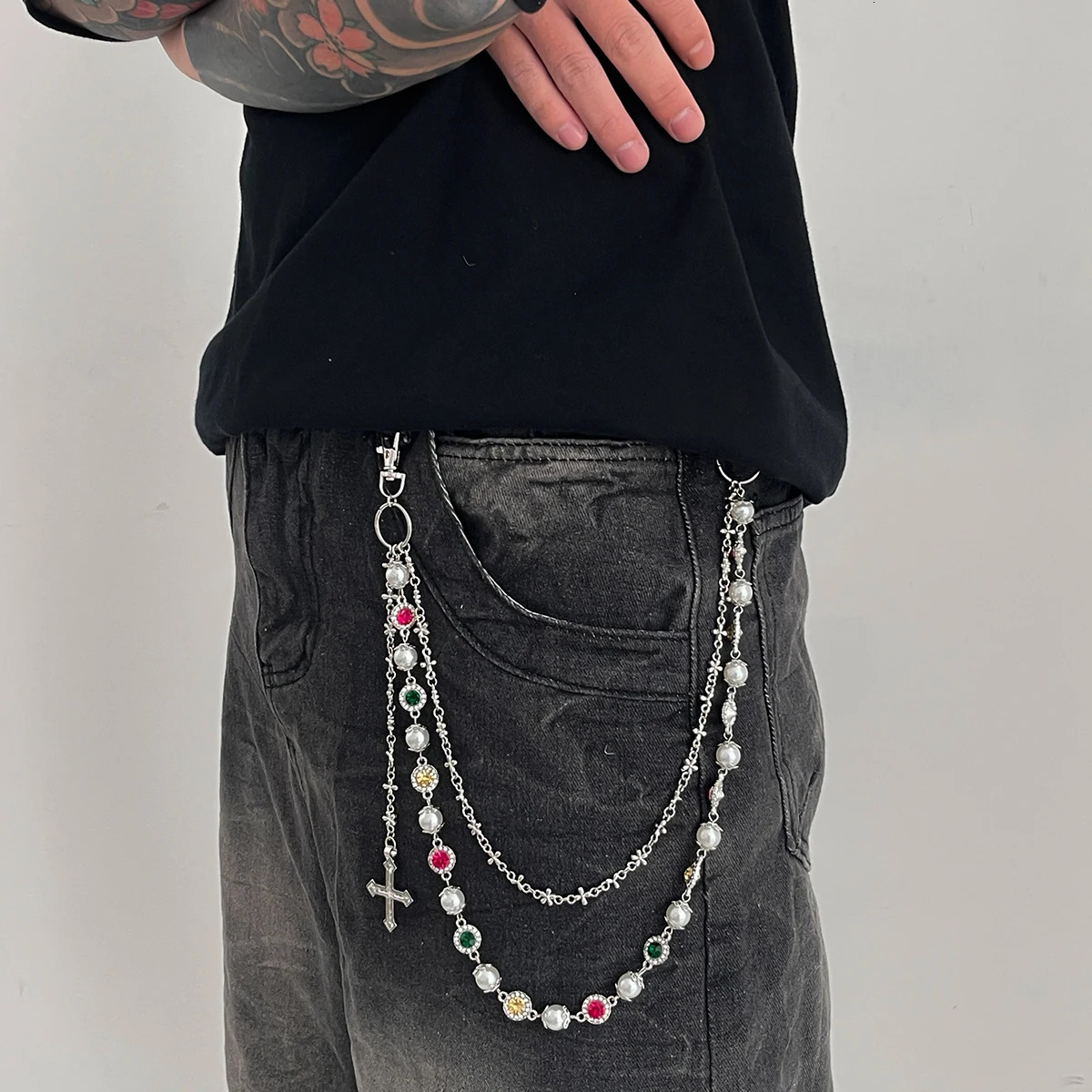 Salircon Exquisite Cross Pendant Imitation Pearl Keychain Belt Chain Men Punk Trousers Jean Chain HipHop Jewelry Gift 260206