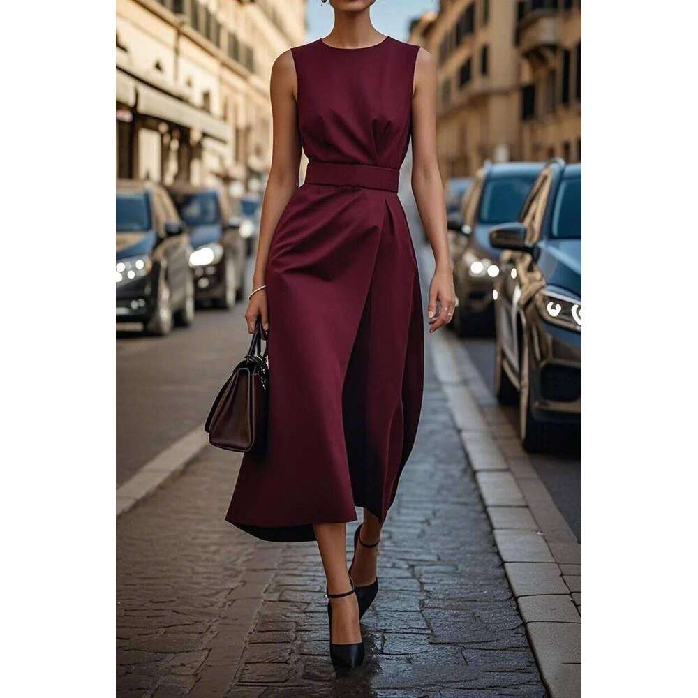 Euro-American cross-border summer solid color sleeveless round neck fashion casual belted long dress for women XJ260225