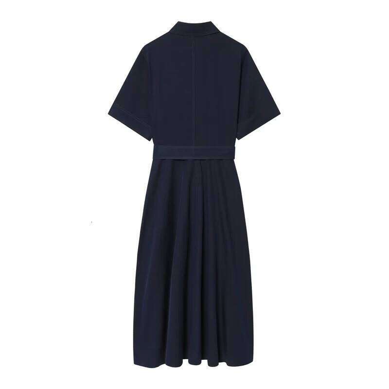 Women's Short-Sleeve Formal Navy Blue Belted Mid-Length Dress, Suitable for Office, Business, and Casual Events XJ260225