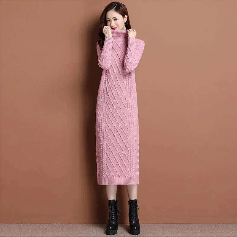 Female High Neck Long Sweater Women Thickened Autumn Winter 2024 New Loose Outer Wear Twist Base Femme Knit Dress Elegant XJ260225