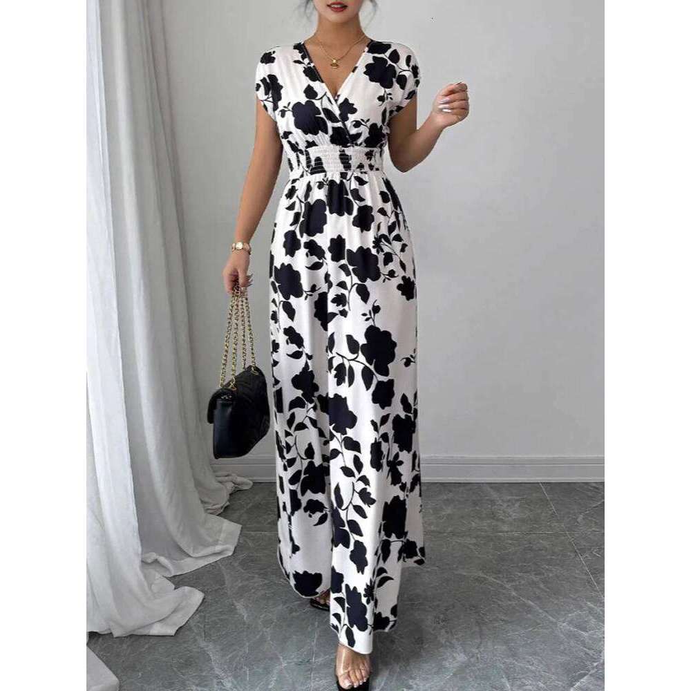 New Summer Women's Printed Lace-up Maxi Dress,Short Sleeved Dresses,Casual Dresses,Floral Dresses,Elegant Dresses For Ladies XJ260225