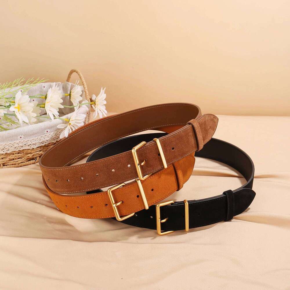 Trendy 45mm Wide Women Genuine Leather Classic Gold Buckle Skinny Waistband Vintage Suede Cowhide Belt for Dresses & Coat Y260225