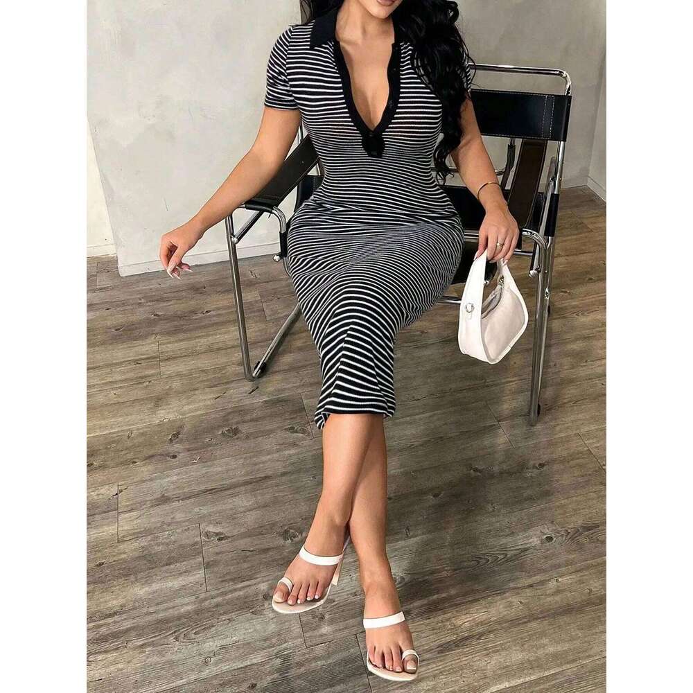 Women's Casual Minimalist Fashion Commuter Style Short Sleeve Black & White Striped Polo Dress, Knit High Stretch Fitted Mid-Len XJ260225